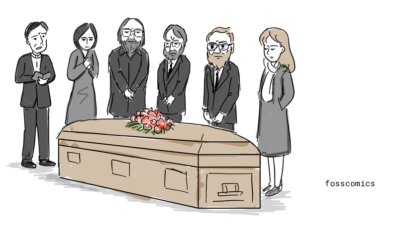 꽃으로 덮인 관 옆에 사람들이 서 있는 상징적인 작별 장면.